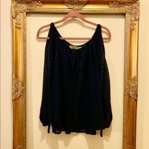 navy blue blouse w/ cold shoulders and gold detail